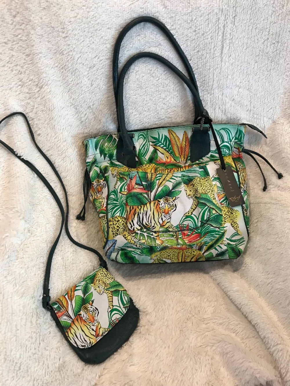 SHARIF PAINTED LEATHER JUNGLE TIGER SHOULDER TOTE BAG WITH MATCHING CROSSBODY